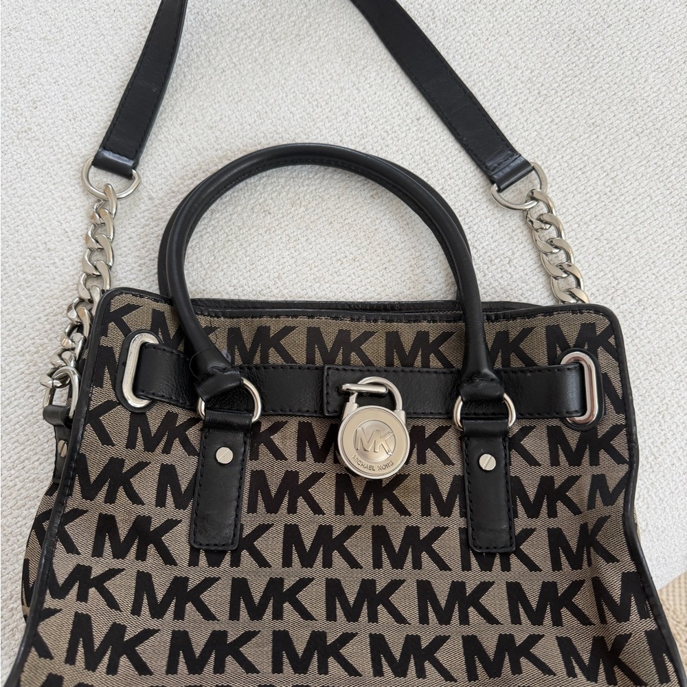 Michael Kors Brown and Black MK Logo Satchel with Chain Strap